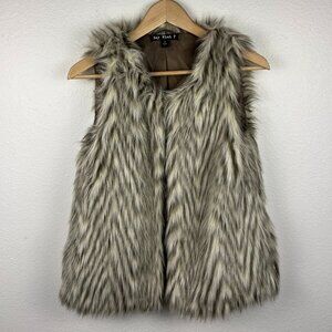 Say What | Faux Fur Off White and Tan Animal Print Fuzzy Vest, size M